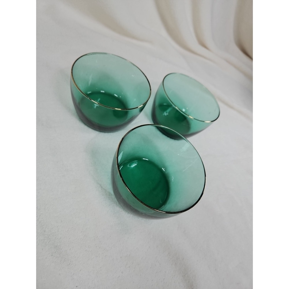 Libbey Vintage Emerald Green Glass Bowls Gold Rim Mid Century MCM‎ Set of 3